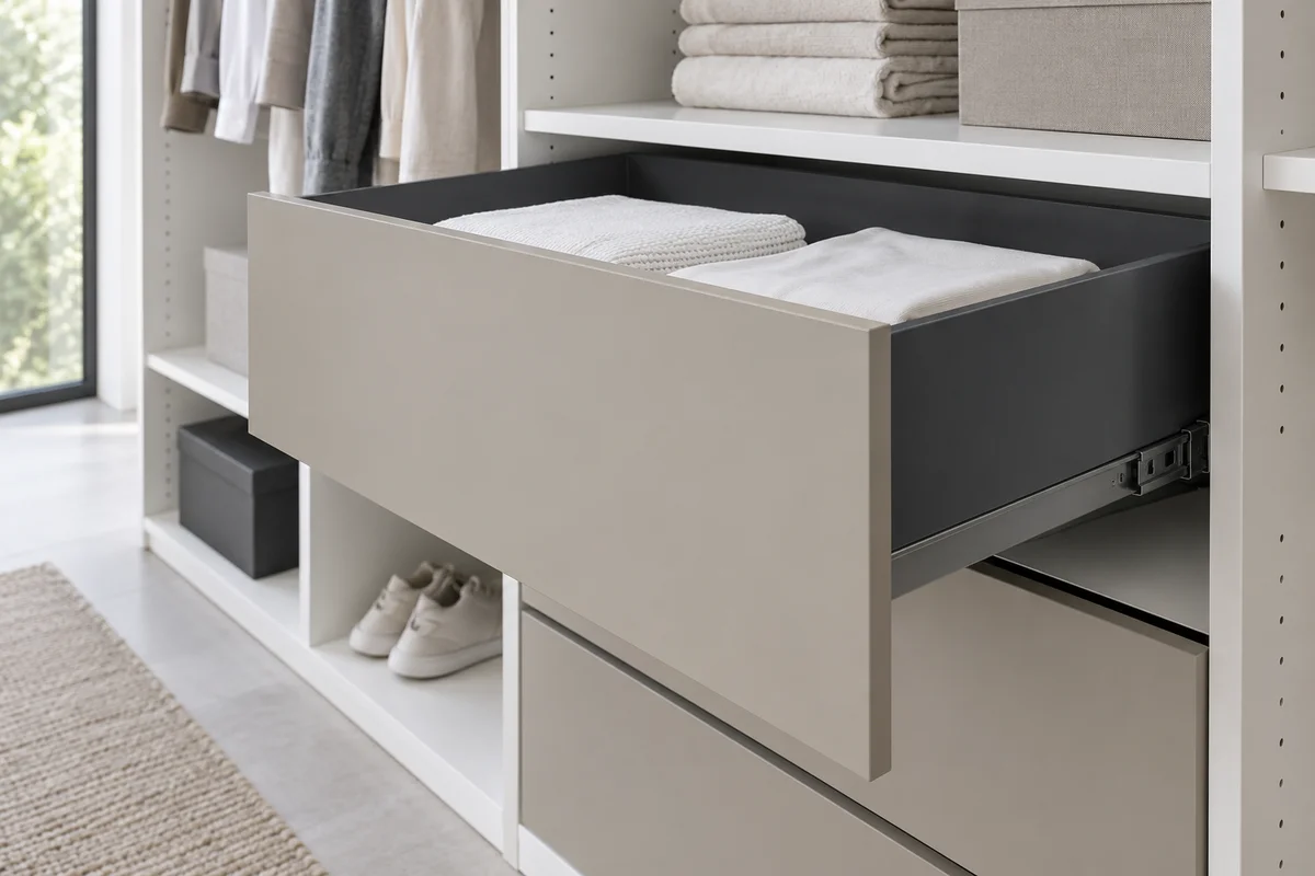 An open metal-sided drawer with a flat board front.