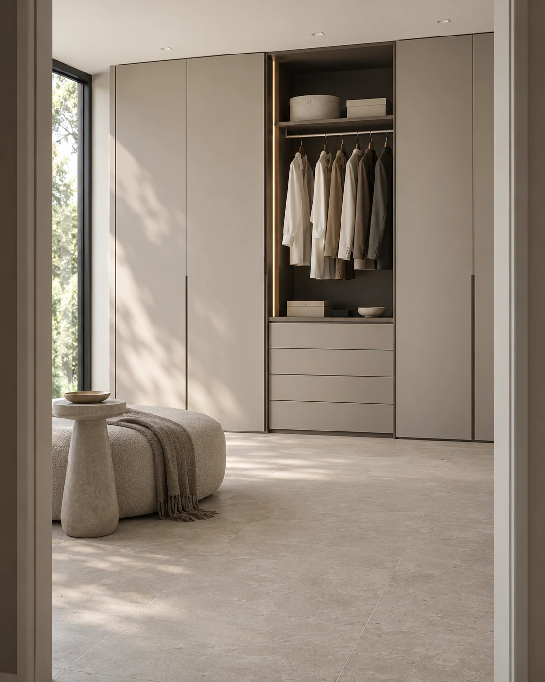 Dressing room with flat-panel cabinetry and hanging space.