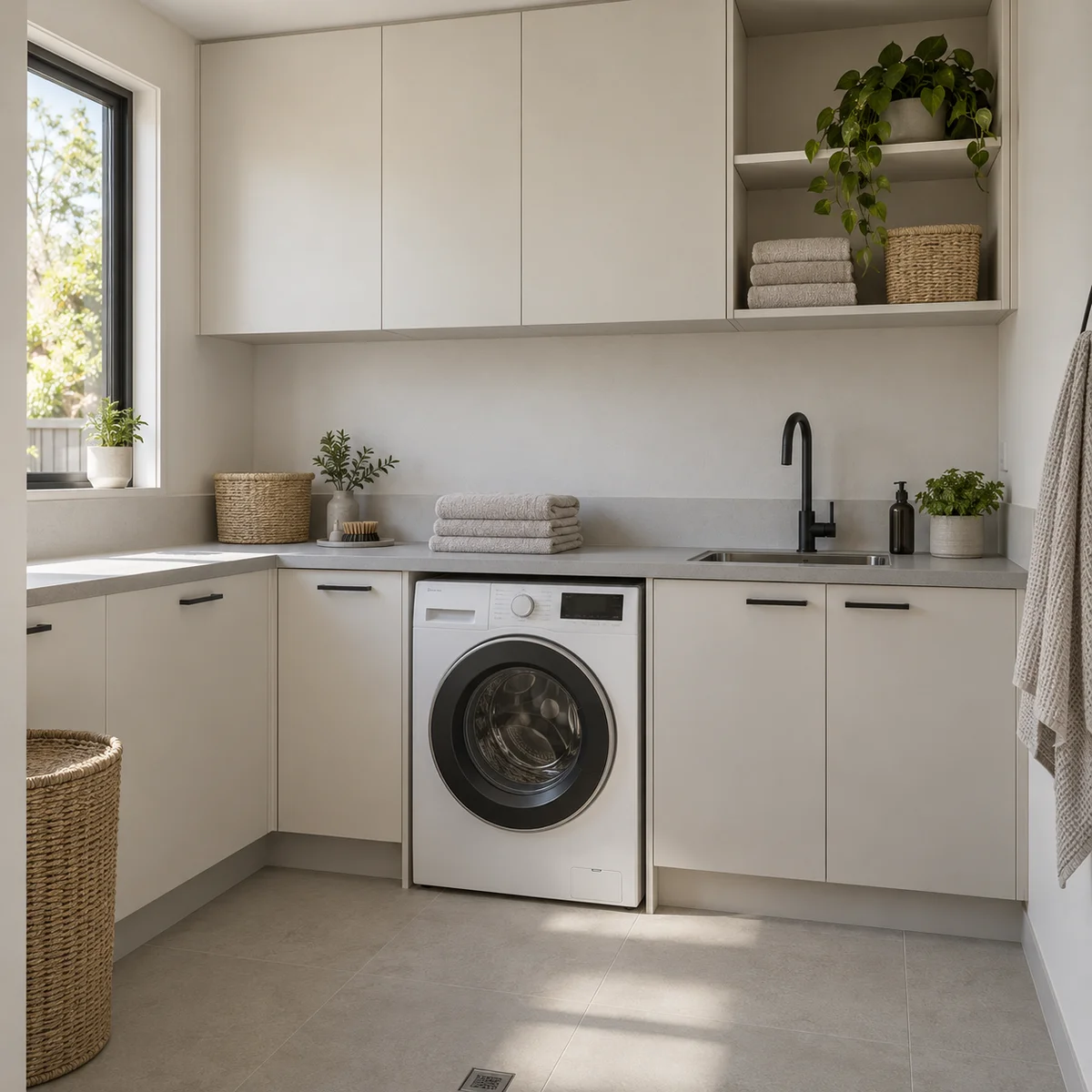Laundry cabinetry arranged around a washing machine and worktop.