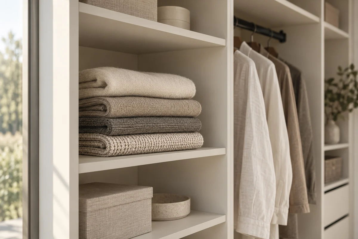Panel edges, shelves and hanging space in a wardrobe interior.