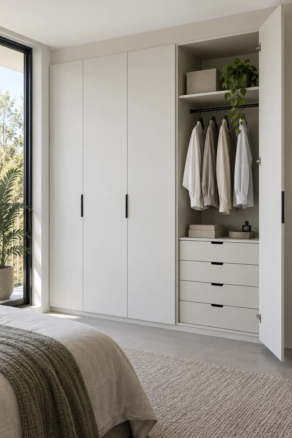 Wardrobe with hanging rails, open shelves and drawers.